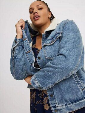 Vintage Arizona Jean Co. Blue Denim Warm Jacket Cream Faux Fur Trim & Lining XL